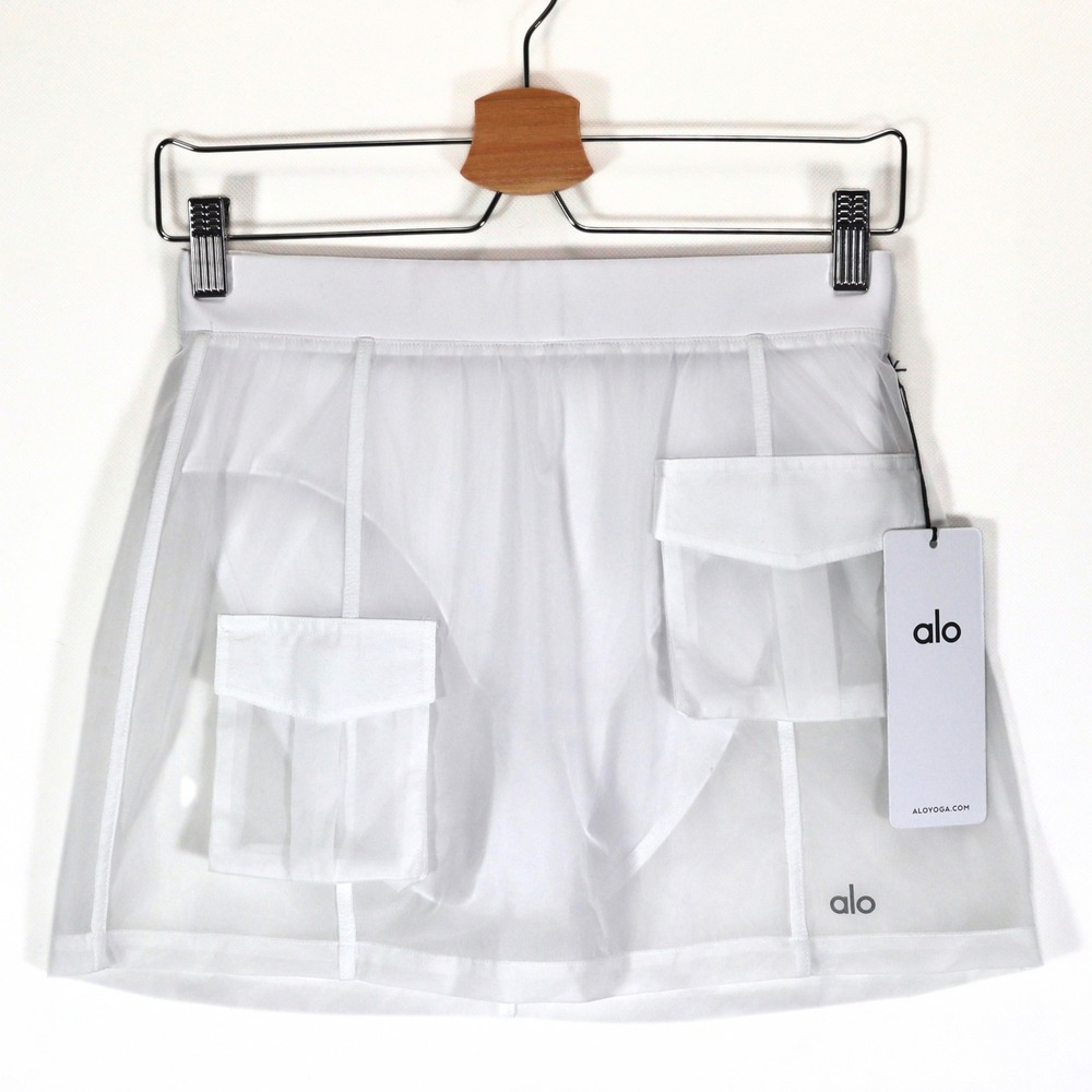 Alo Yoga Sheer Effusion Cargo Skirt Womens S White Mesh Mini Activewear Tennis